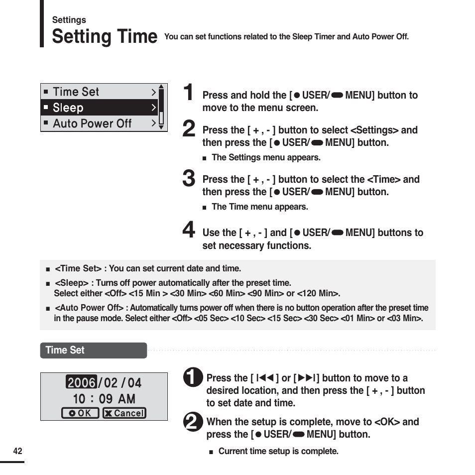 Setting time | Samsung YP-F2 User Manual | Page 42 / 62