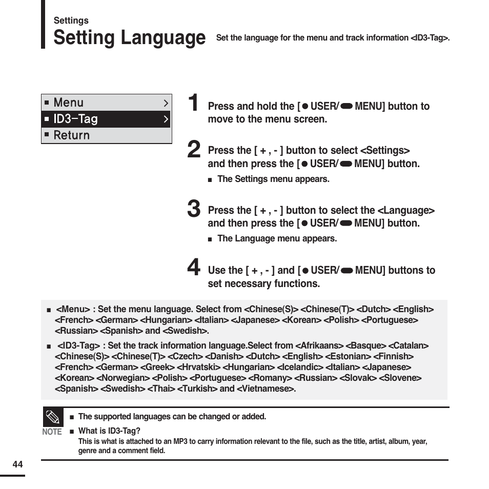 Setting language | Samsung YP-F2 User Manual | Page 44 / 62
