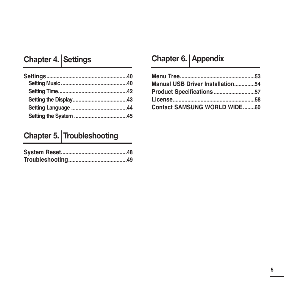 Chapter 4. settings, Chapter 5. troubleshooting, Chapter 6. appendix | Samsung YP-F2 User Manual | Page 5 / 62
