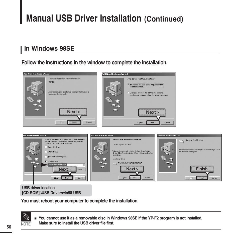 Manual usb driver installation, Continued) | Samsung YP-F2 User Manual | Page 56 / 62