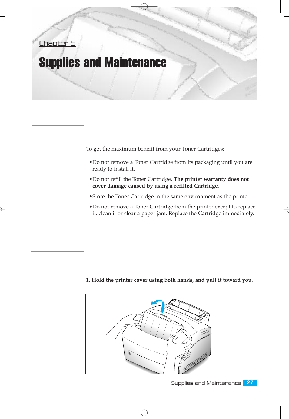 Supplies and maintenance, Cartridge maintenance, Replacing toner cartridge | Samsung ML-5050G User Manual | Page 32 / 39