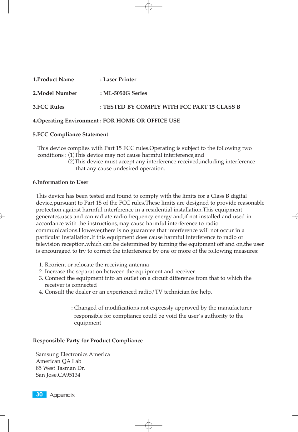 Fcc declaration of conformity, According to fcc part 15, Caution | Samsung ML-5050G User Manual | Page 35 / 39