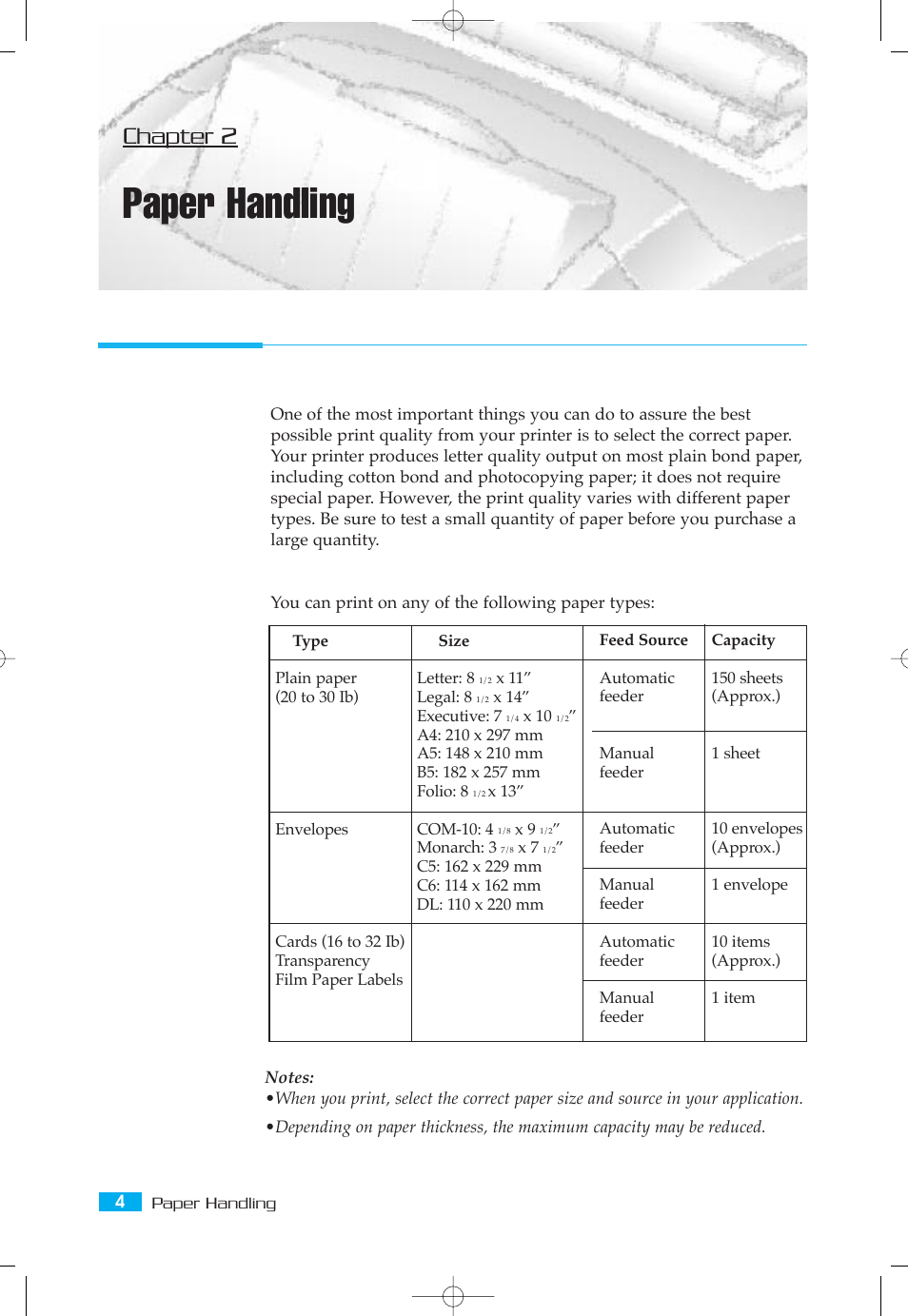 Paper handling, Selecting paper types and feed source, Chapter 2 | Samsung ML-5050G User Manual | Page 9 / 39