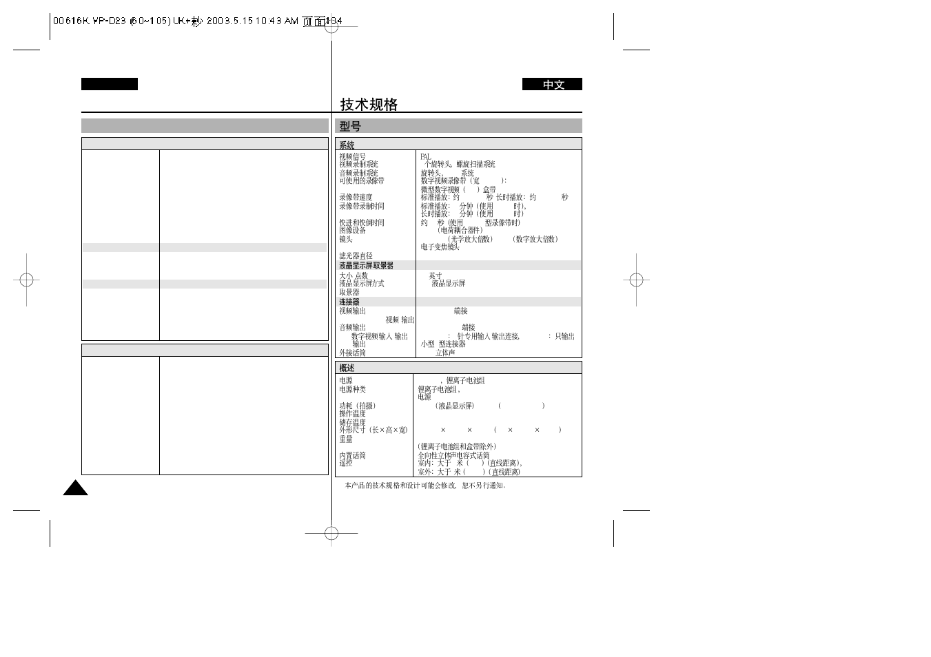 Specifications, English | Samsung VP-D23i  EN User Manual | Page 104 / 106