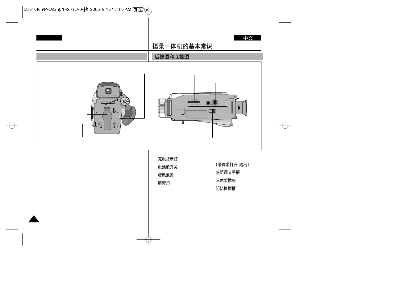 Getting to know your camcorder, Rear & bottom view, English | Samsung VP-D23i  EN User Manual | Page 16 / 106