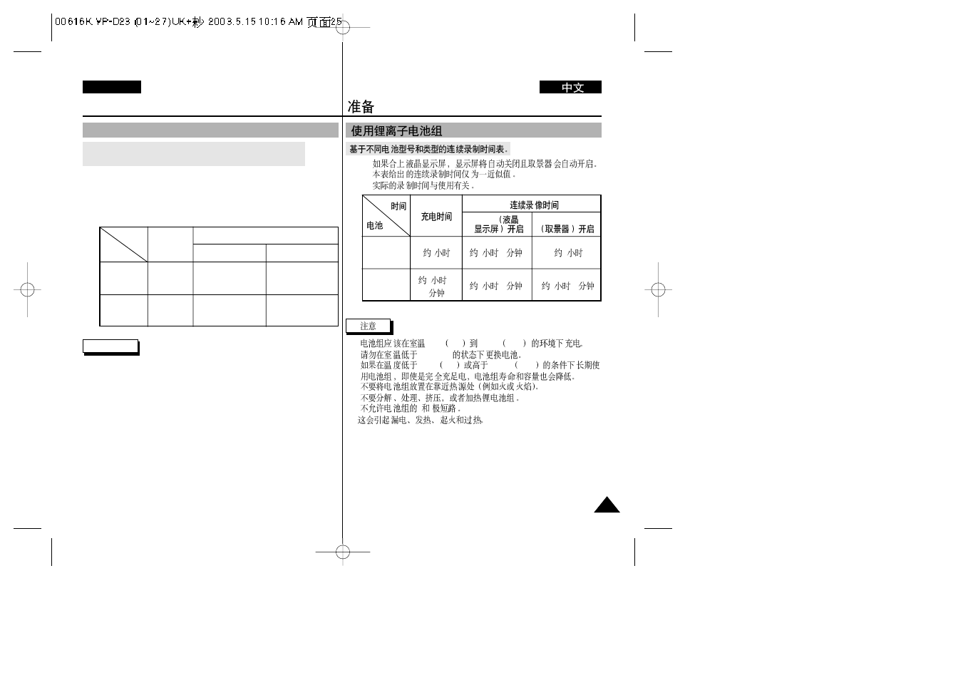 Preparation, Using the lithium ion battery pack | Samsung VP-D23i  EN User Manual | Page 25 / 106