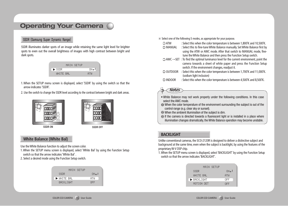 Operating your camera, White balance (white bal), Backlight | Samsung SCO-2120R User Manual | Page 10 / 25