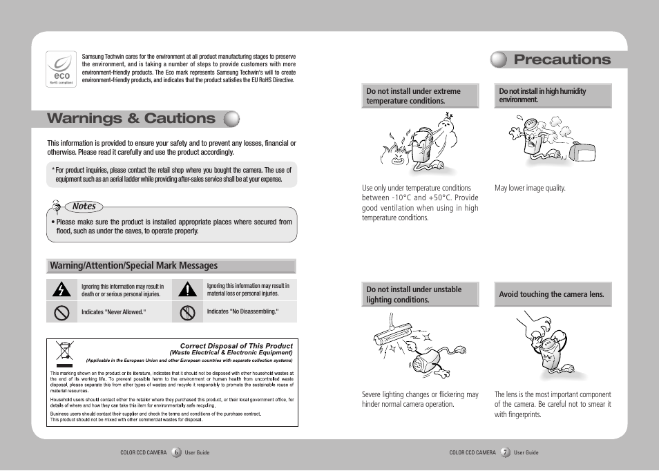 Warnings & cautions, Precautions | Samsung SCO-2120R User Manual | Page 4 / 25