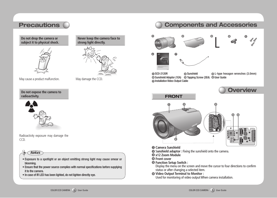 Precautions components and accessories overview | Samsung SCO-2120R User Manual | Page 5 / 25