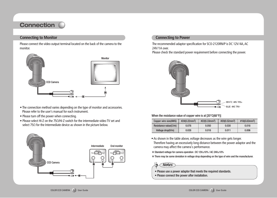 Connection, Connecting to monitor, Connecting to power | Samsung SCO-2120R User Manual | Page 7 / 25
