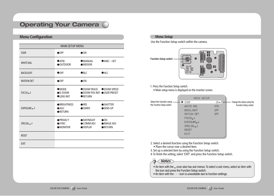 Operating your camera, Menu configuration | Samsung SCO-2120R User Manual | Page 9 / 25