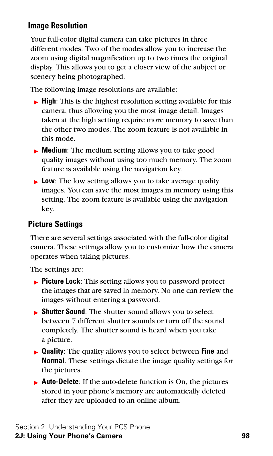 Image resolution, Picture settings | Samsung VGA1000 User Manual | Page 106 / 182