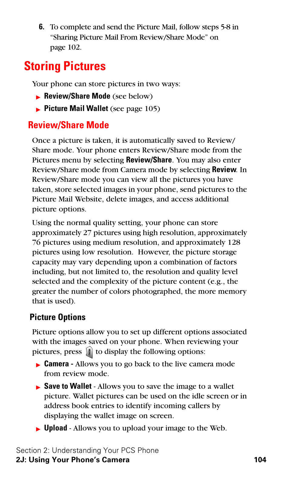 Storing pictures, Review/share mode, Picture options | Samsung VGA1000 User Manual | Page 112 / 182