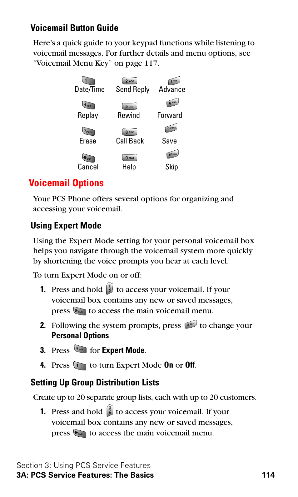 Voicemail options, Voicemail button guide, Using expert mode | Setting up group distribution lists | Samsung VGA1000 User Manual | Page 122 / 182