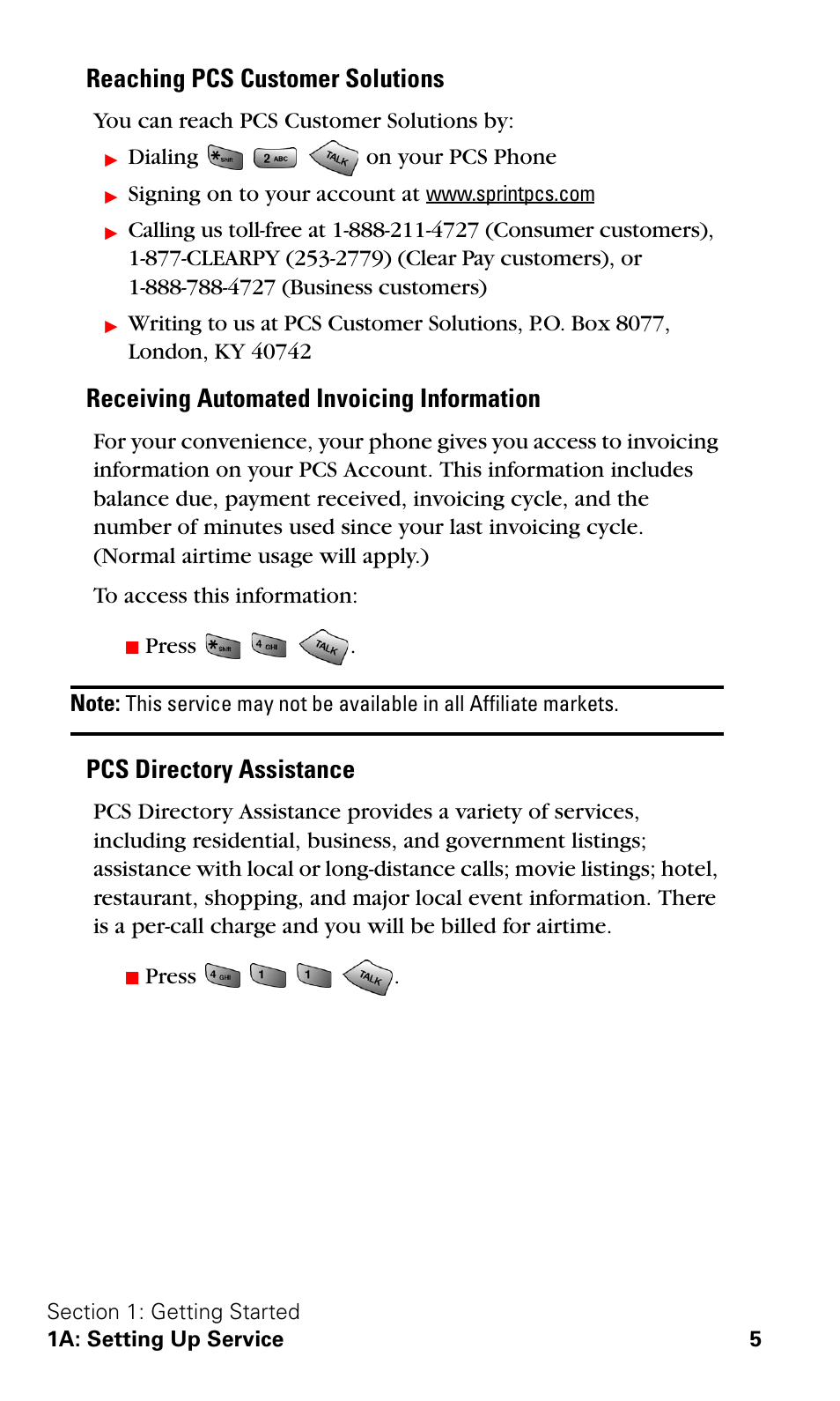 Reaching pcs customer solutions, Receiving automated invoicing information, Pcs directory assistance | Samsung VGA1000 User Manual | Page 13 / 182