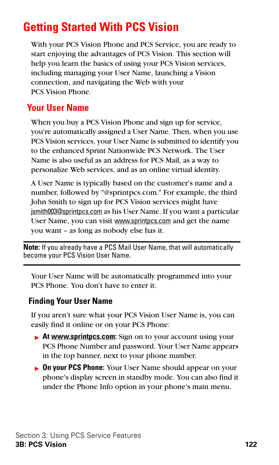 Getting started with pcs vision, Your user name, Finding your user name | Samsung VGA1000 User Manual | Page 130 / 182