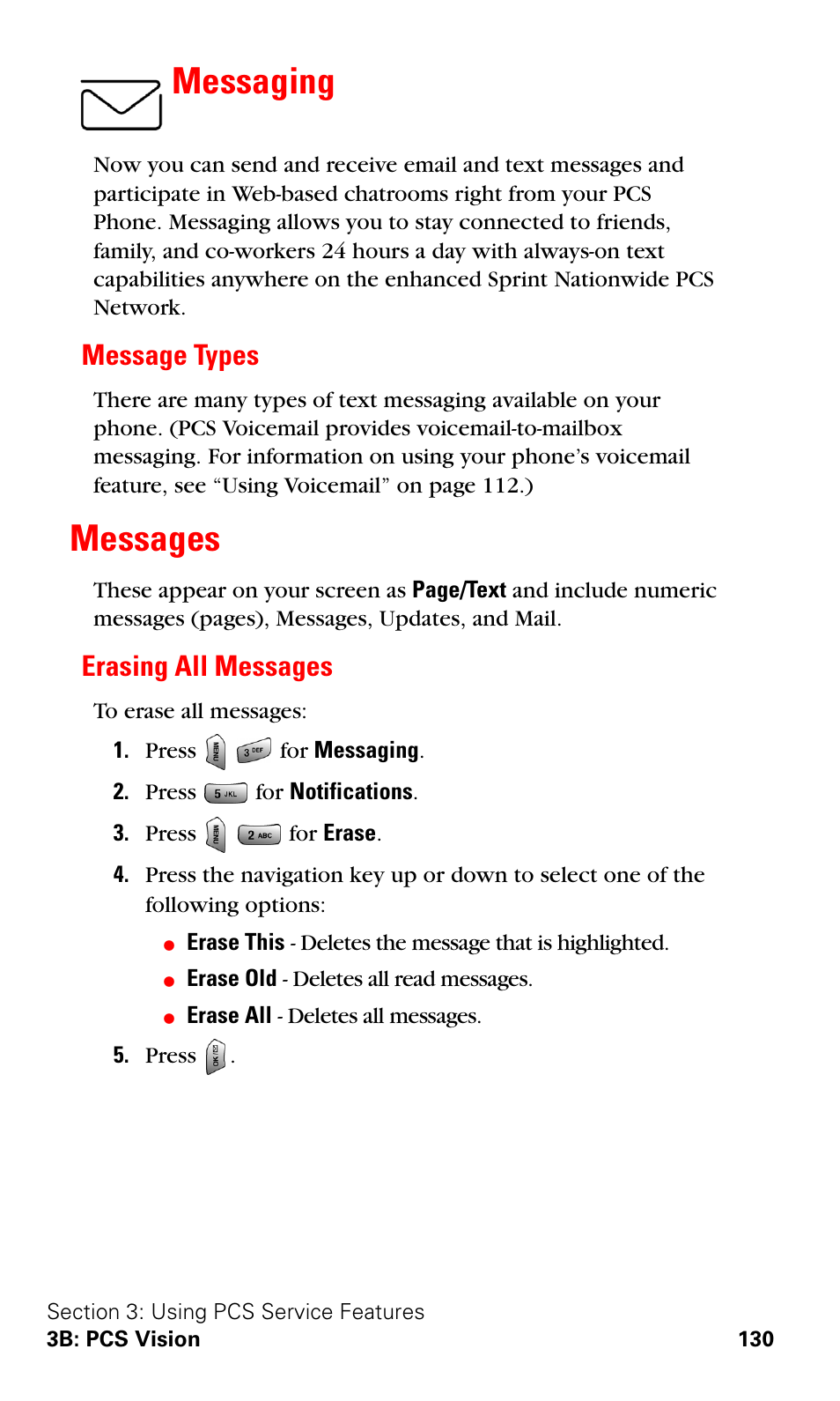 Messaging, Message types, Messages | Erasing all messages | Samsung VGA1000 User Manual | Page 138 / 182