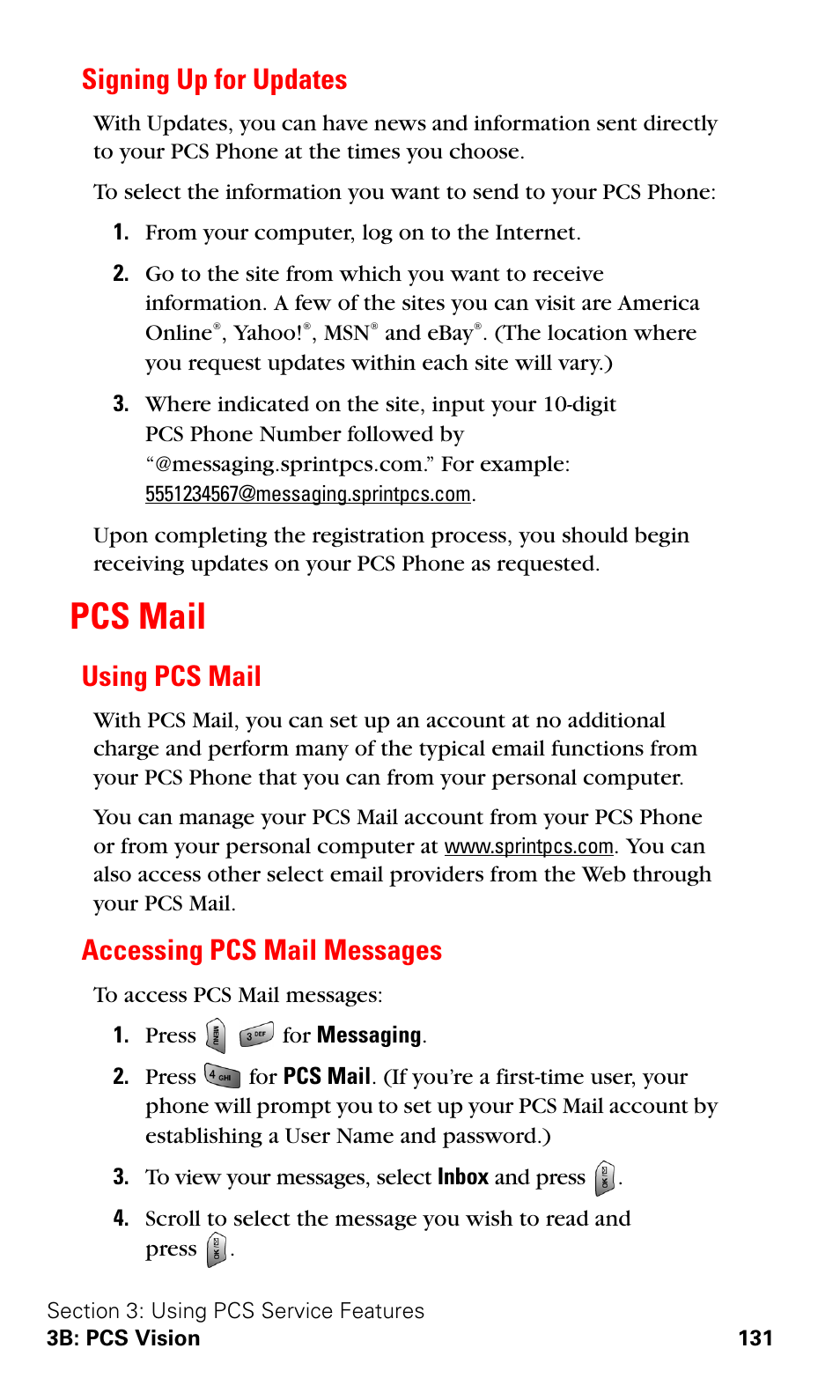 Signing up for updates, Pcs mail, Using pcs mail | Accessing pcs mail messages, Using pcs mail accessing pcs mail messages | Samsung VGA1000 User Manual | Page 139 / 182