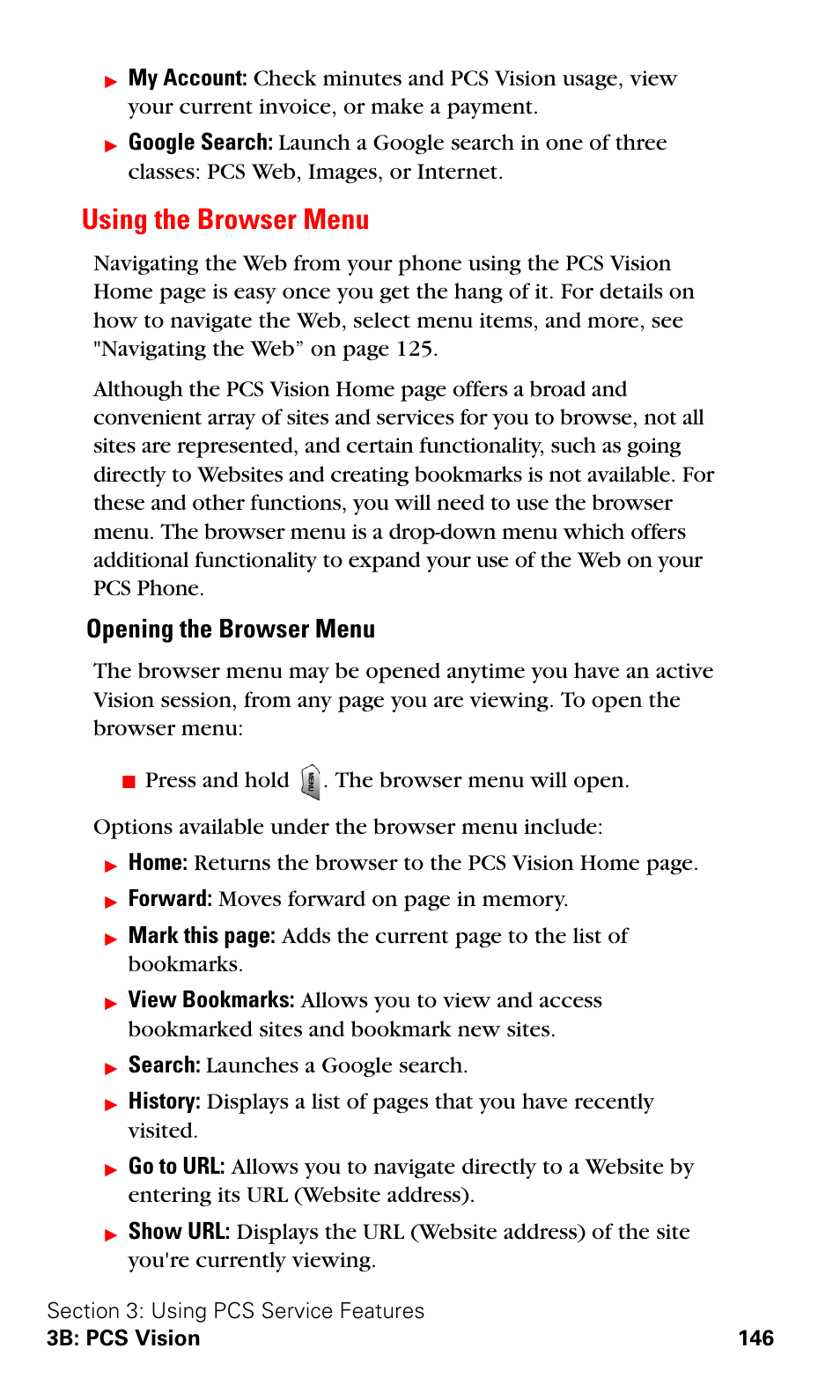 Using the browser menu, Opening the browser menu, Search: launches a google search | Samsung VGA1000 User Manual | Page 154 / 182