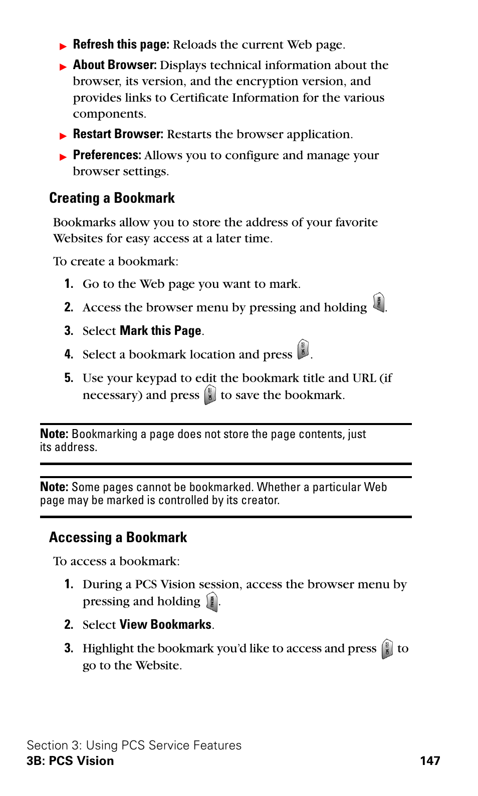 Creating a bookmark, Accessing a bookmark | Samsung VGA1000 User Manual | Page 155 / 182