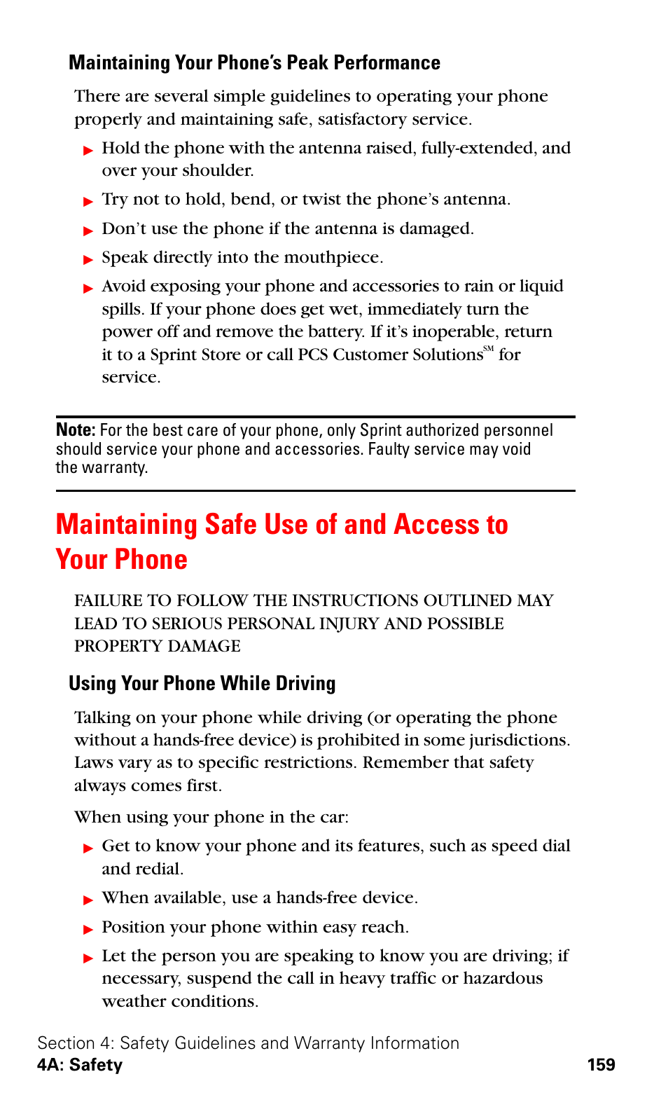Maintaining safe use of and access to your phone, Maintaining your phone’s peak performance, Using your phone while driving | Samsung VGA1000 User Manual | Page 167 / 182