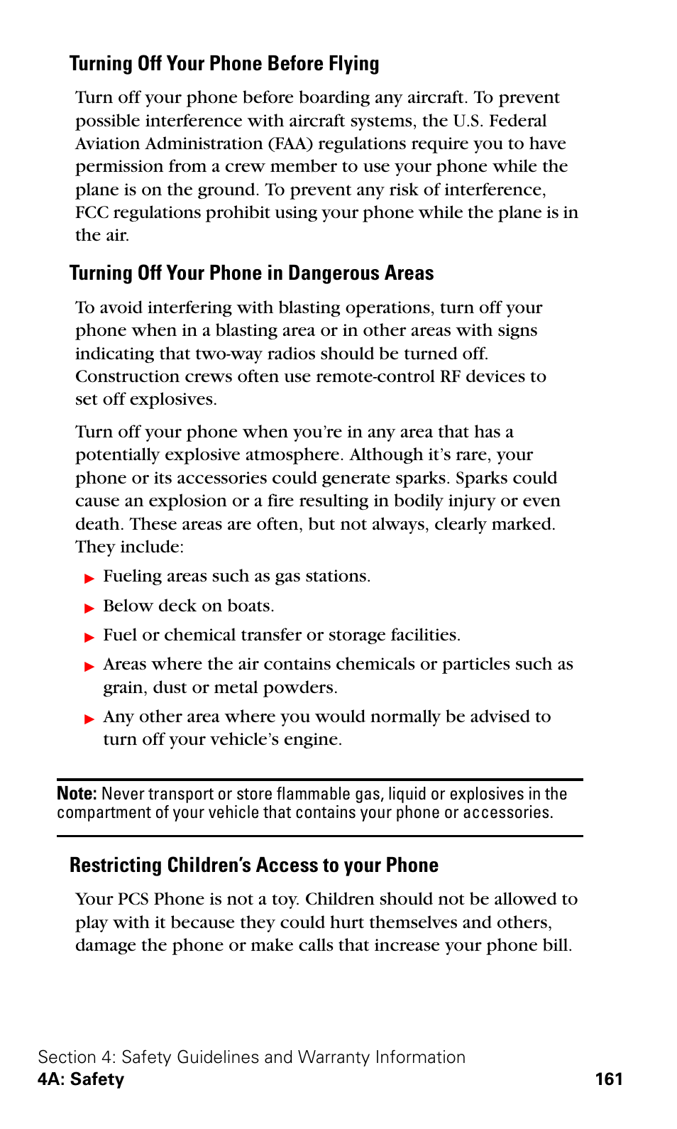 Turning off your phone before flying, Turning off your phone in dangerous areas, Restricting children’s access to your phone | Samsung VGA1000 User Manual | Page 169 / 182