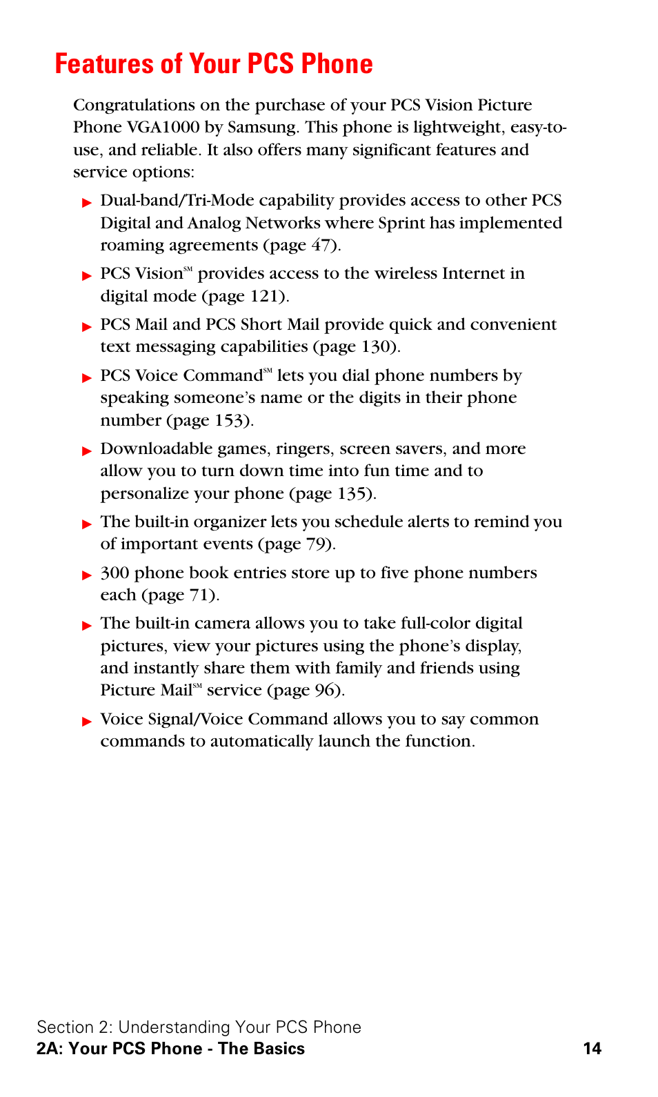 Features of your pcs phone, Pcs vision, Pcs voice command | Serv ice (page 96) | Samsung VGA1000 User Manual | Page 22 / 182