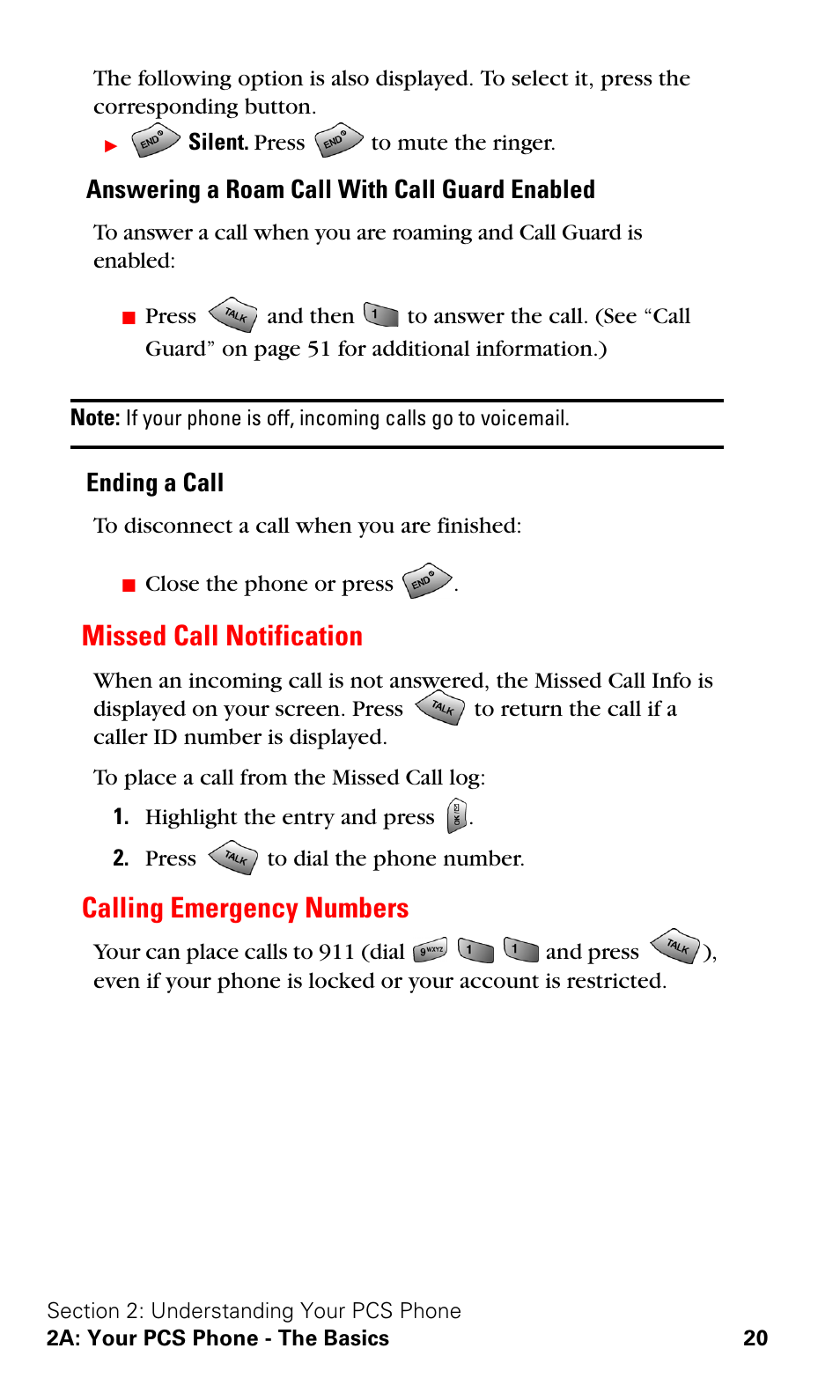 Missed call notification, Calling emergency numbers, Missed call notification calling emergency numbers | Answering a roam call with call guard enabled, Ending a call | Samsung VGA1000 User Manual | Page 28 / 182