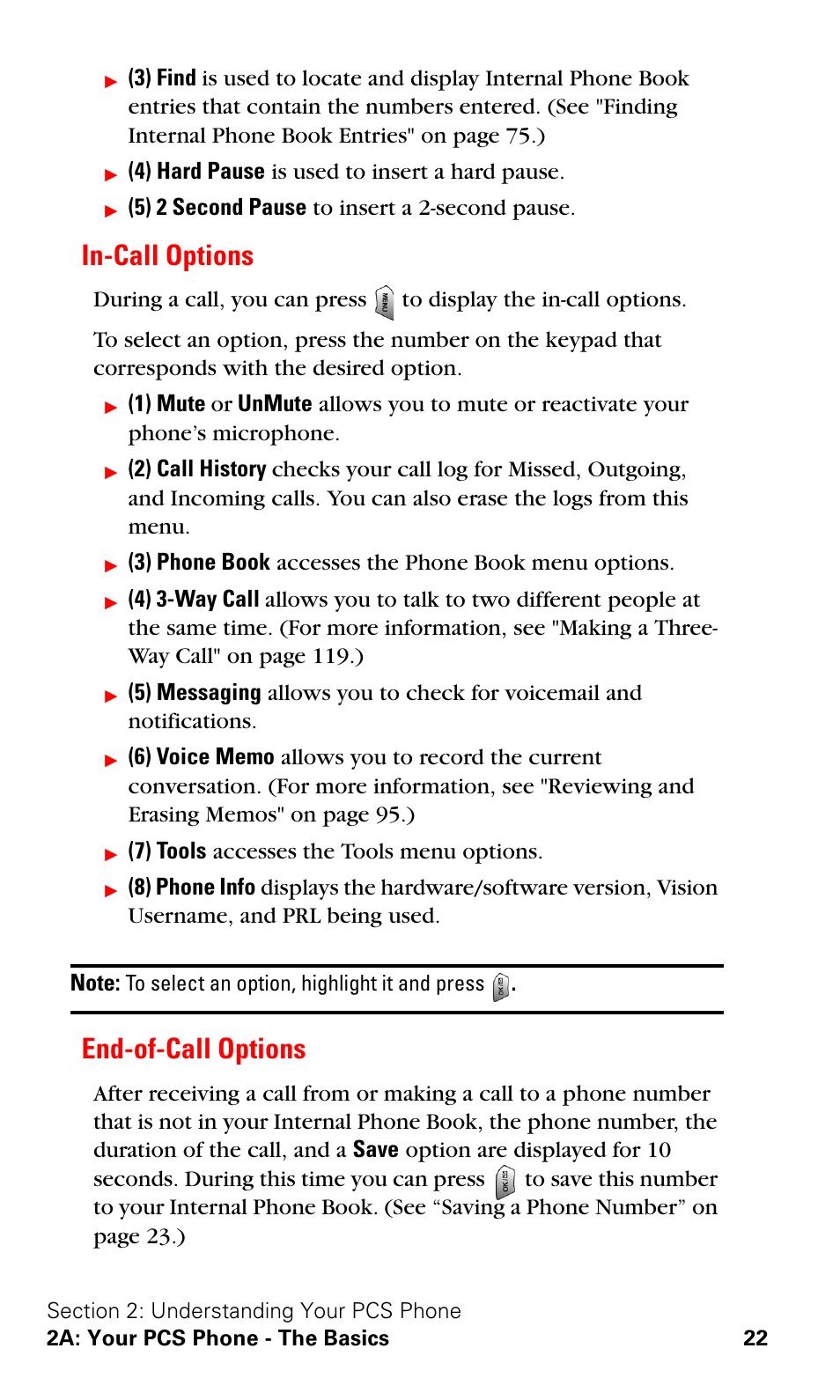 In-call options, End-of-call options, In-call options end-of-call options | 4) hard pause is used to insert a hard pause, 5) 2 second pause to insert a 2-second pause, 3) phone book accesses the phone book menu options, 7) tools accesses the tools menu options | Samsung VGA1000 User Manual | Page 30 / 182