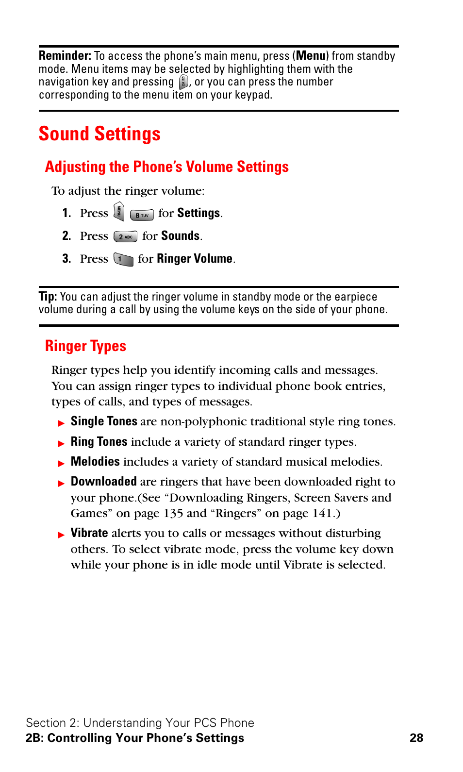 Sound settings, Adjusting the phone’s volume settings, Ringer types | Adjusting the phone’s volume settings ringer types | Samsung VGA1000 User Manual | Page 36 / 182
