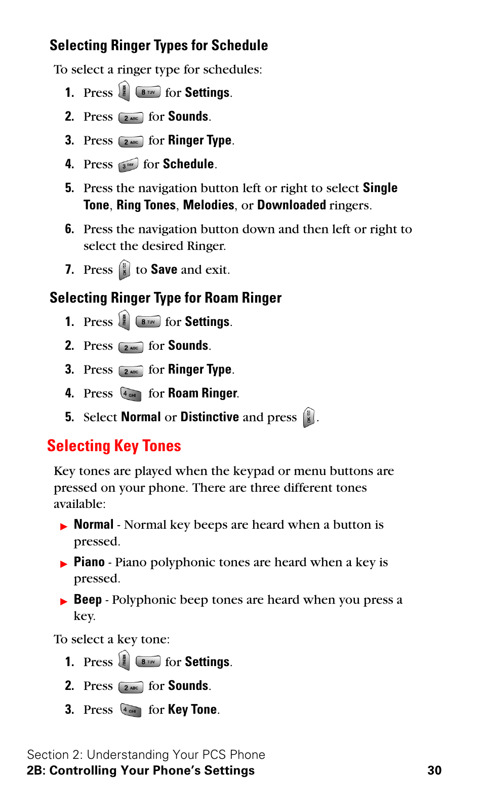 Selecting key tones, Selecting ringer types for schedule, Selecting ringer type for roam ringer | Samsung VGA1000 User Manual | Page 38 / 182