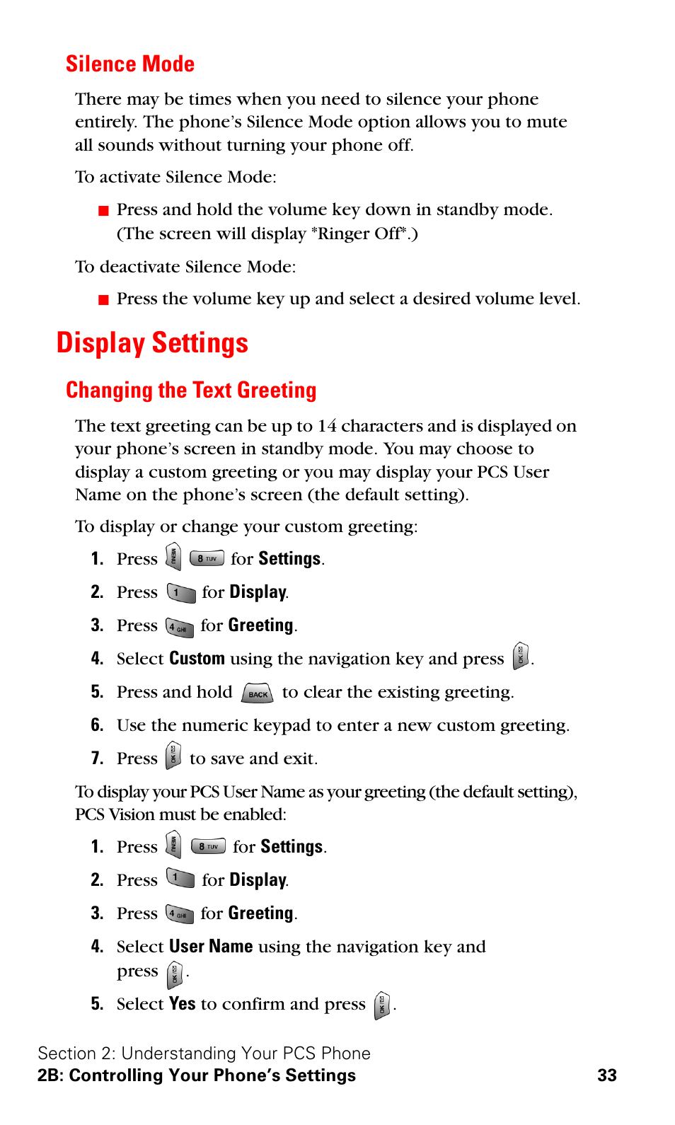 Silence mode, Display settings, Changing the text greeting | Samsung VGA1000 User Manual | Page 41 / 182