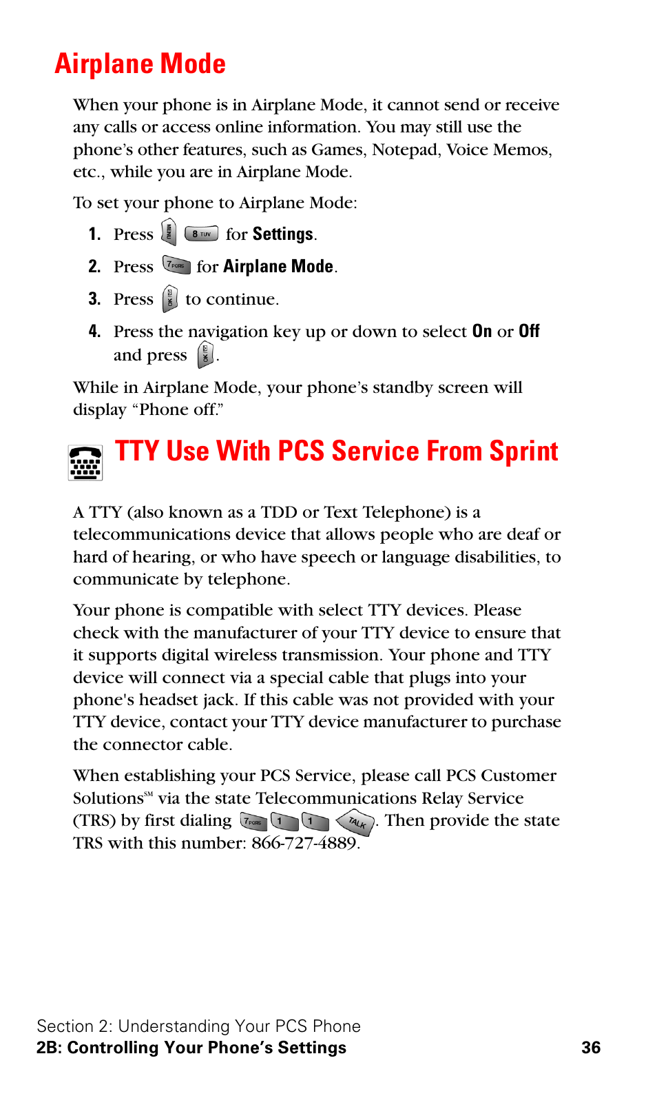 Airplane mode, Tty use with pcs service from sprint, Airplane mode tty use with pcs service from sprint | Samsung VGA1000 User Manual | Page 44 / 182