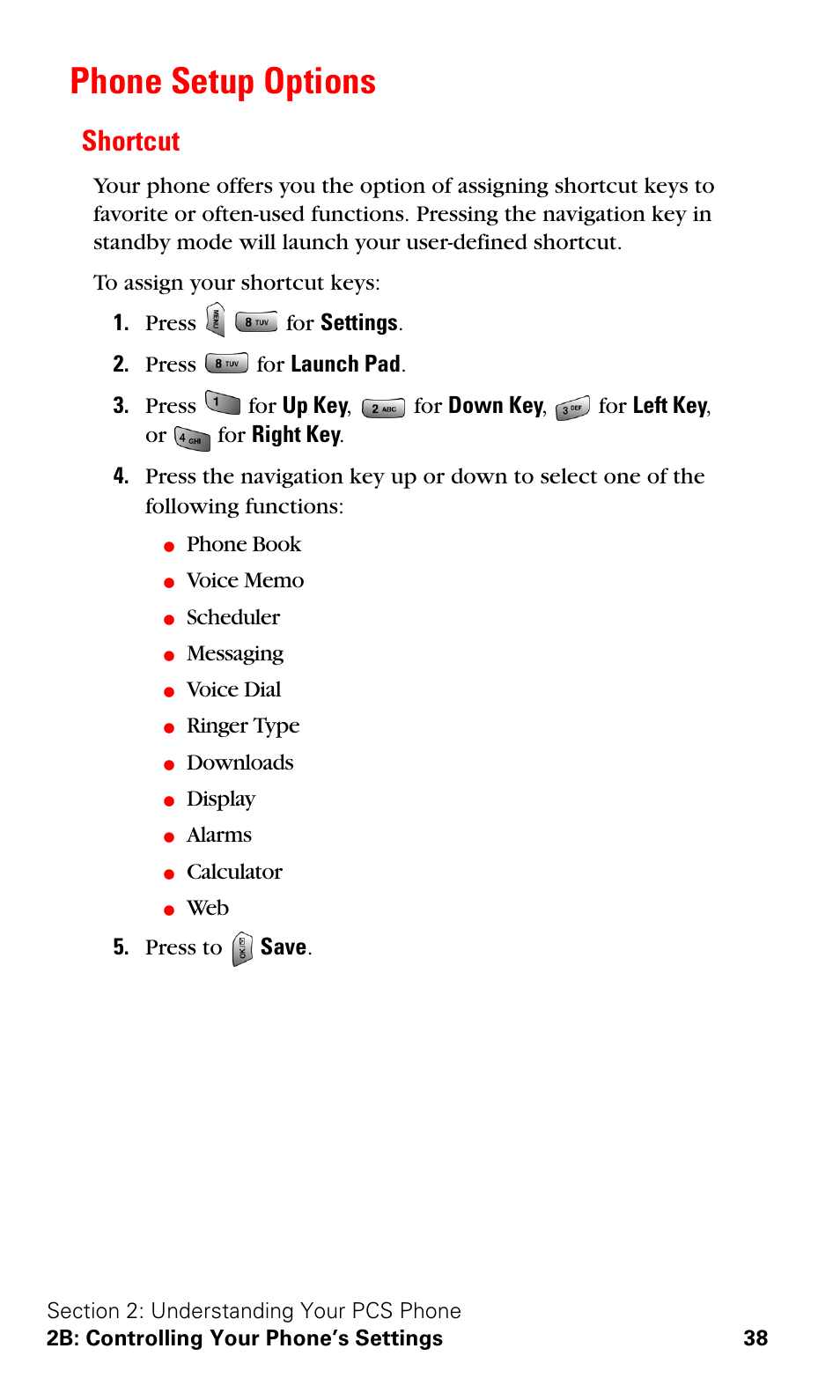 Phone setup options, Shortcut | Samsung VGA1000 User Manual | Page 46 / 182