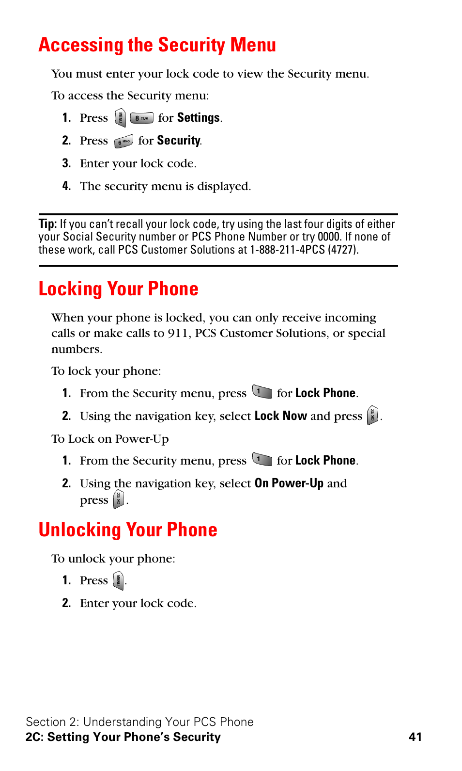 Accessing the security menu, Locking your phone, Unlocking your phone | Samsung VGA1000 User Manual | Page 49 / 182