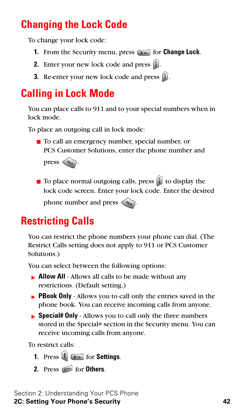 Changing the lock code, Calling in lock mode, Restricting calls | Samsung VGA1000 User Manual | Page 50 / 182