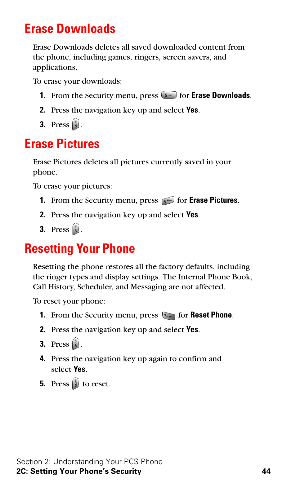 Erase downloads, Erase pictures, Resetting your phone | Samsung VGA1000 User Manual | Page 52 / 182