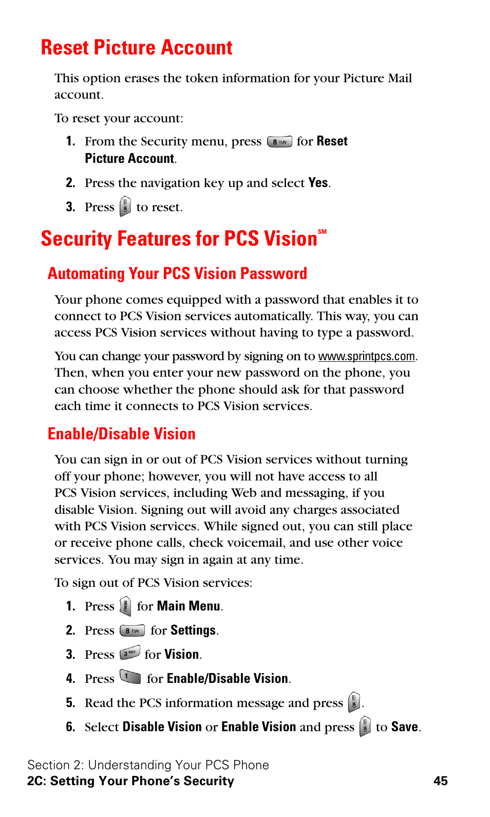 Reset picture account, Security features for pcs visionsm, Automating your pcs vision password | Enable/disable vision, Security features for pcs vision | Samsung VGA1000 User Manual | Page 53 / 182