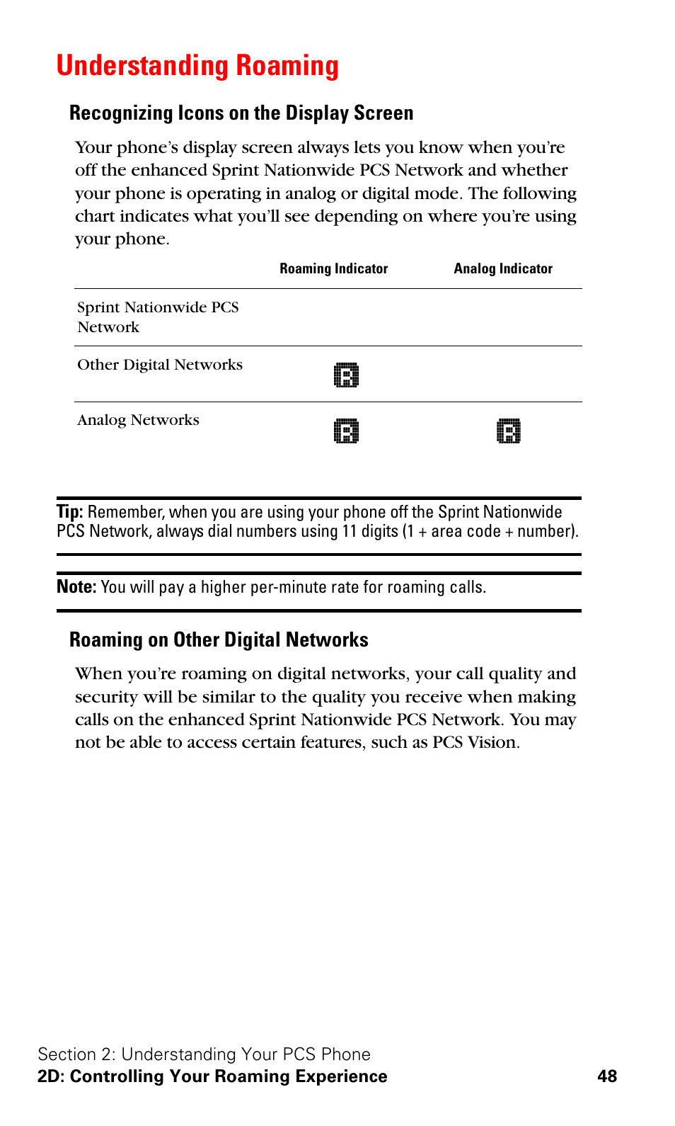 Understanding roaming, Recognizing icons on the display screen, Roaming on other digital networks | Samsung VGA1000 User Manual | Page 56 / 182