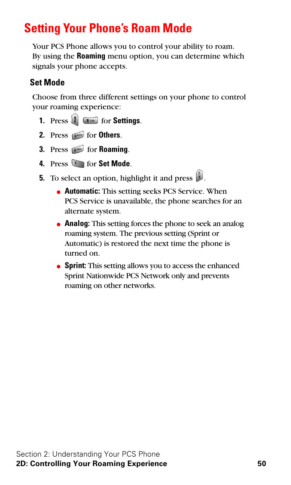 Setting your phone’s roam mode, Set mode | Samsung VGA1000 User Manual | Page 58 / 182