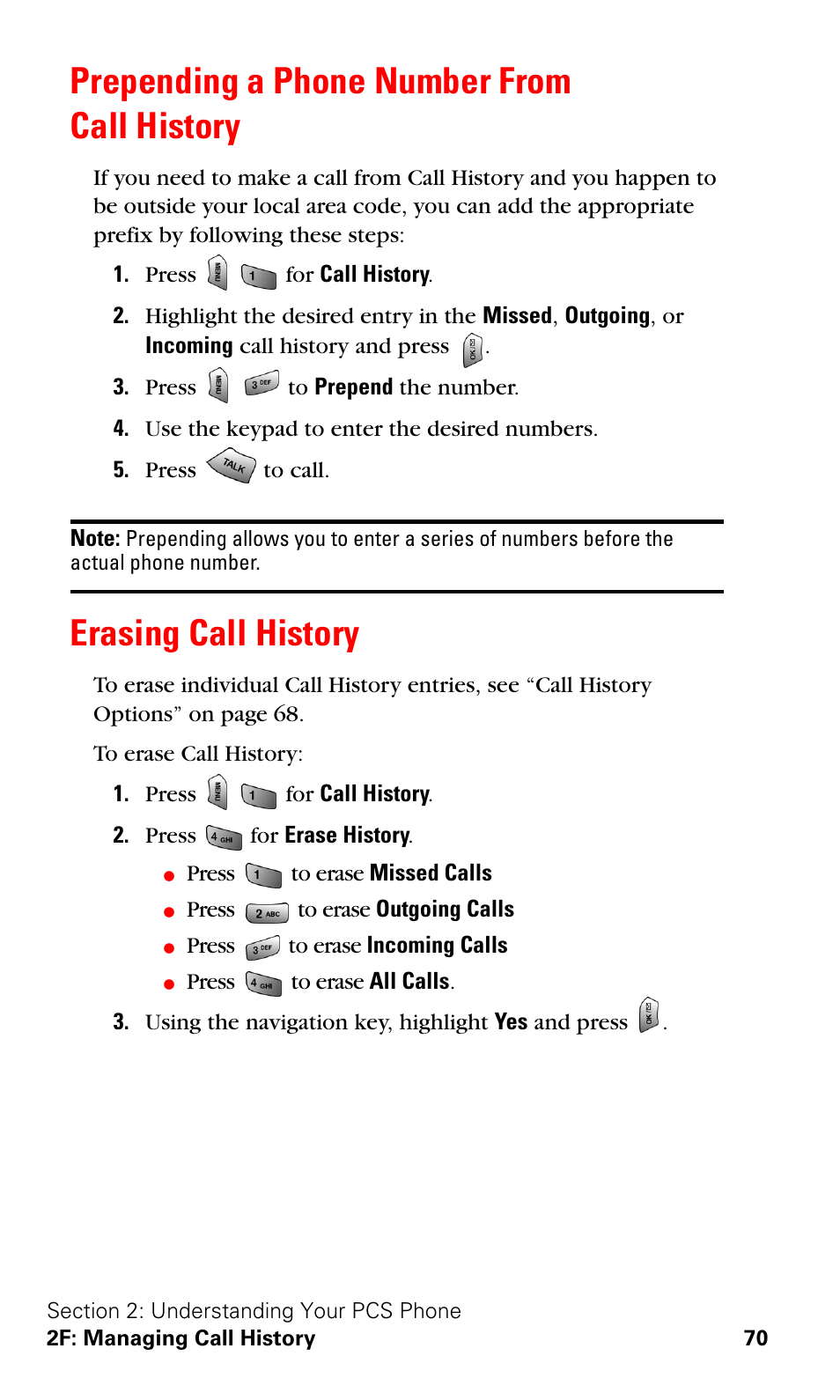 Prepending a phone number from call history, Erasing call history | Samsung VGA1000 User Manual | Page 78 / 182