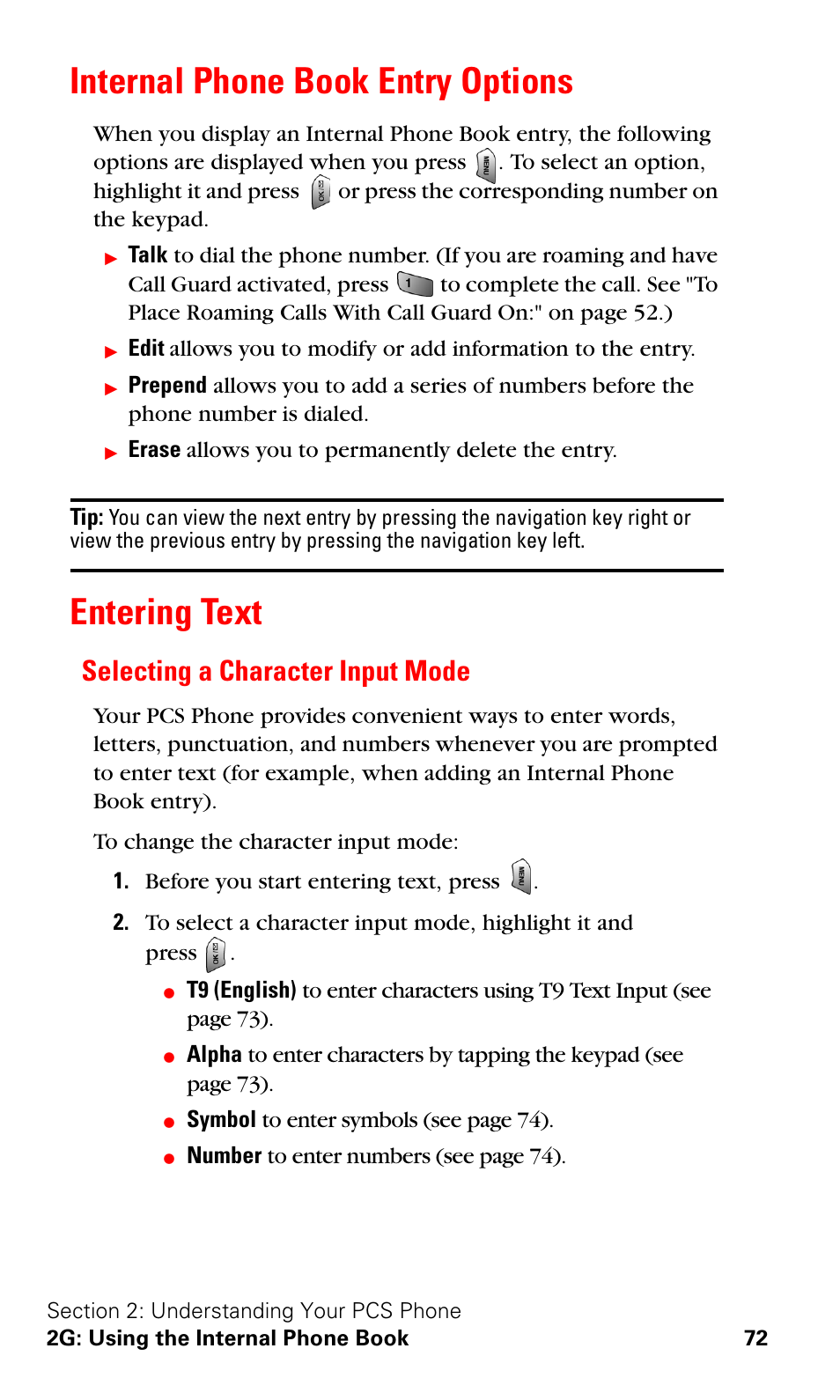 Internal phone book entry options, Entering text, Selecting a character input mode | Internal phone book entry options entering text | Samsung VGA1000 User Manual | Page 80 / 182