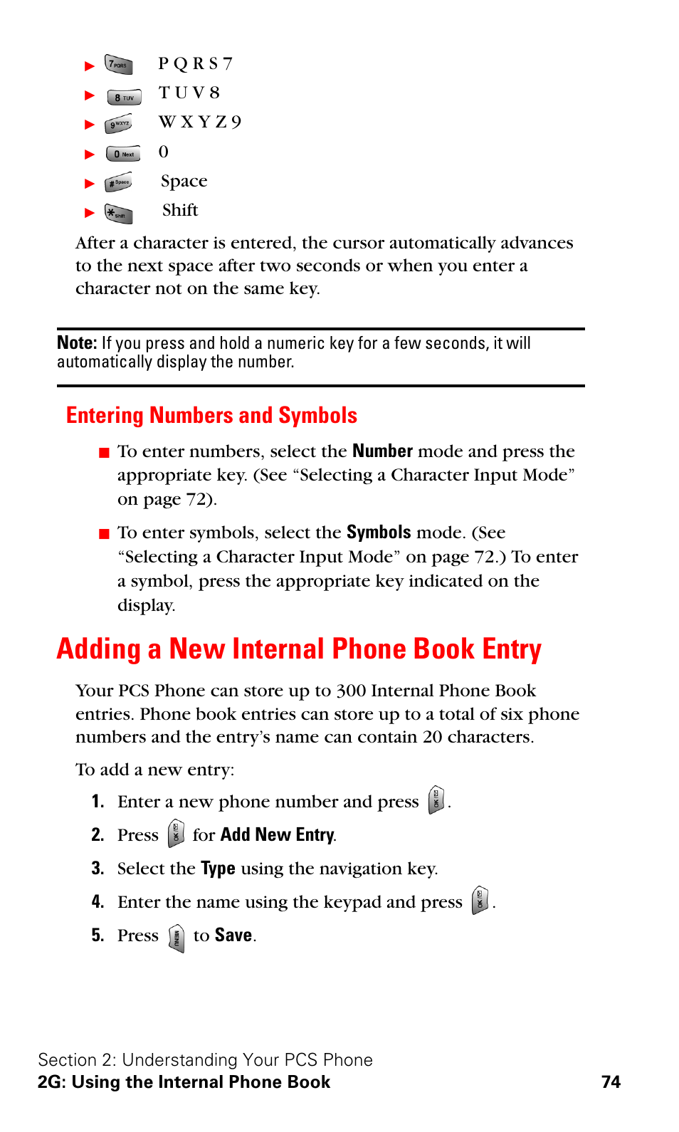 Entering numbers and symbols, Adding a new internal phone book entry | Samsung VGA1000 User Manual | Page 82 / 182