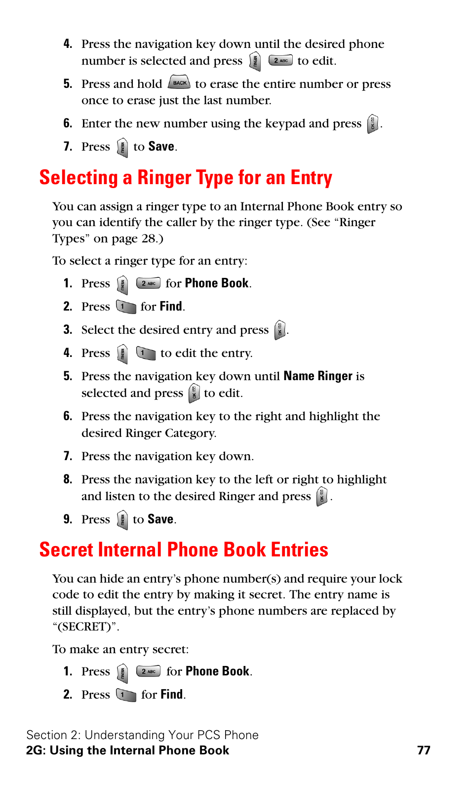 Selecting a ringer type for an entry, Secret internal phone book entries | Samsung VGA1000 User Manual | Page 85 / 182