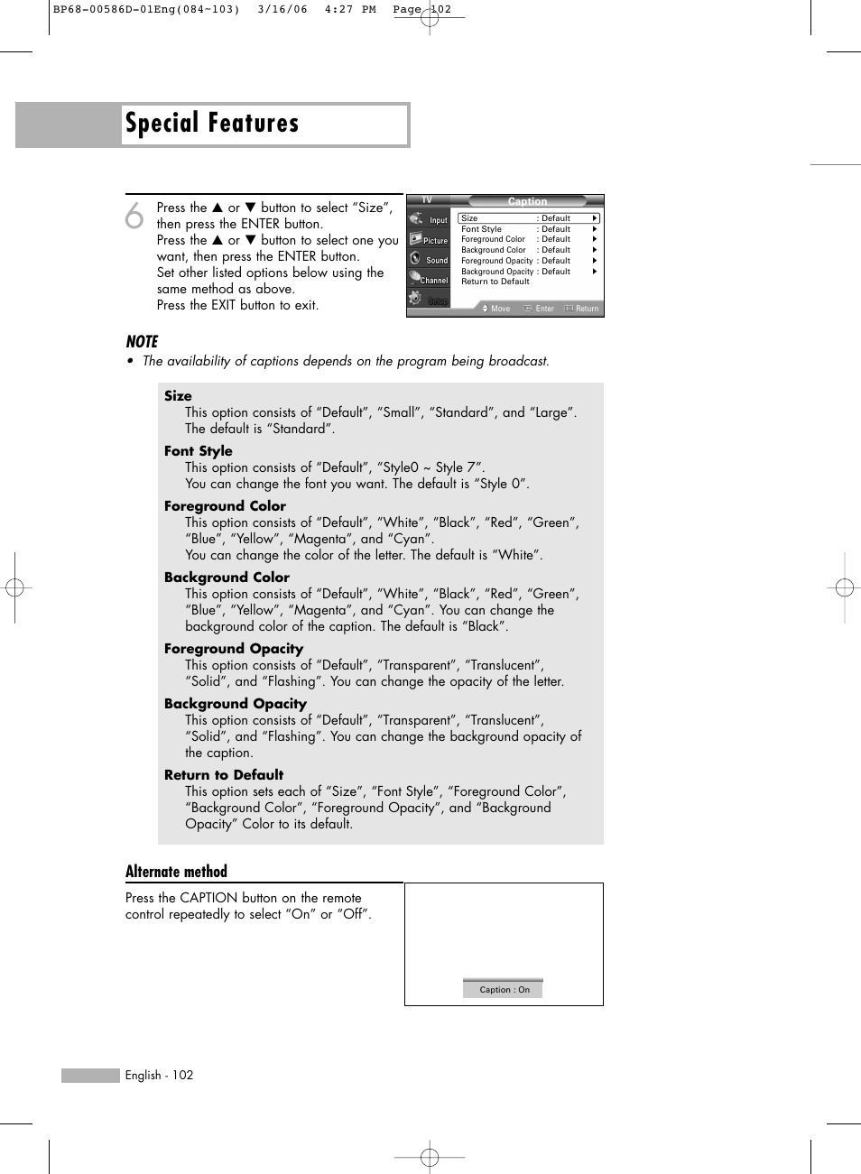 Special features, Alternate method | Samsung HL-S6166W User Manual | Page 102 / 132