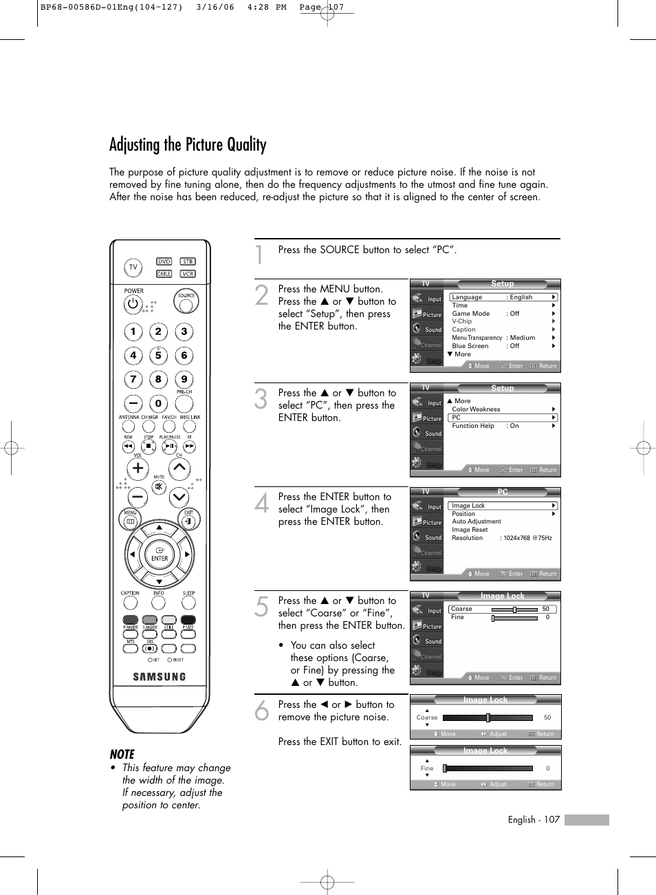 Adjusting the picture quality | Samsung HL-S6166W User Manual | Page 107 / 132