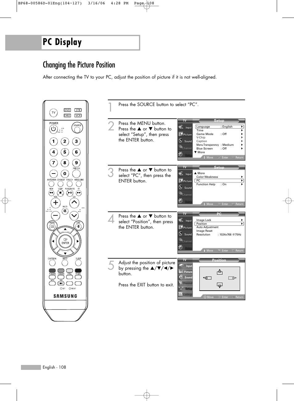 Changing the picture position, Pc display | Samsung HL-S6166W User Manual | Page 108 / 132