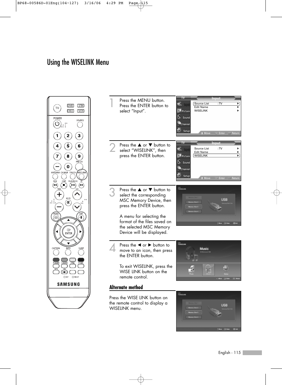 Using the wiselink menu, Alternate method | Samsung HL-S6166W User Manual | Page 115 / 132