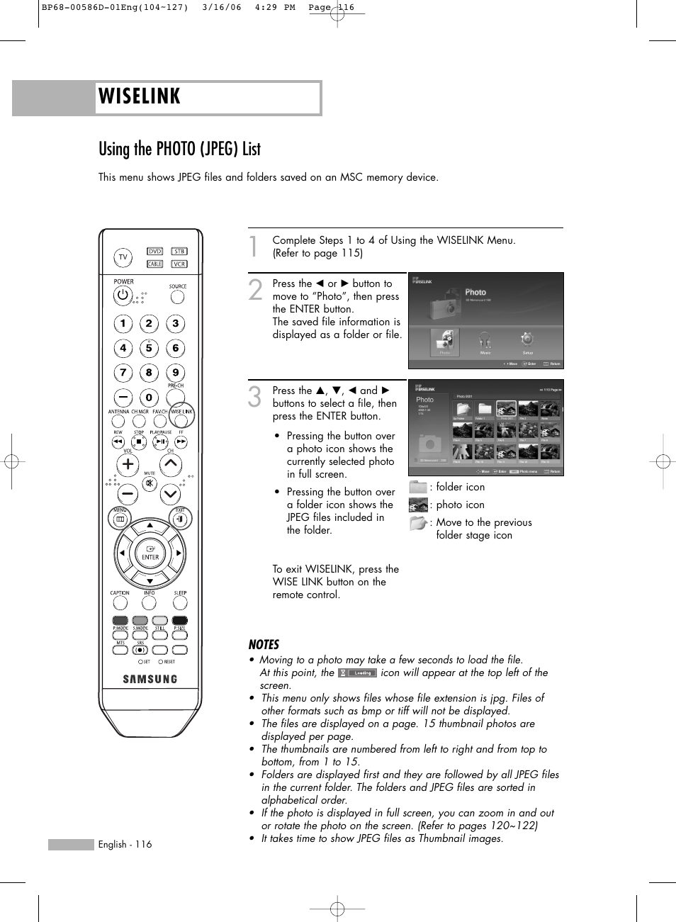Using the photo (jpeg) list, Wiselink | Samsung HL-S6166W User Manual | Page 116 / 132
