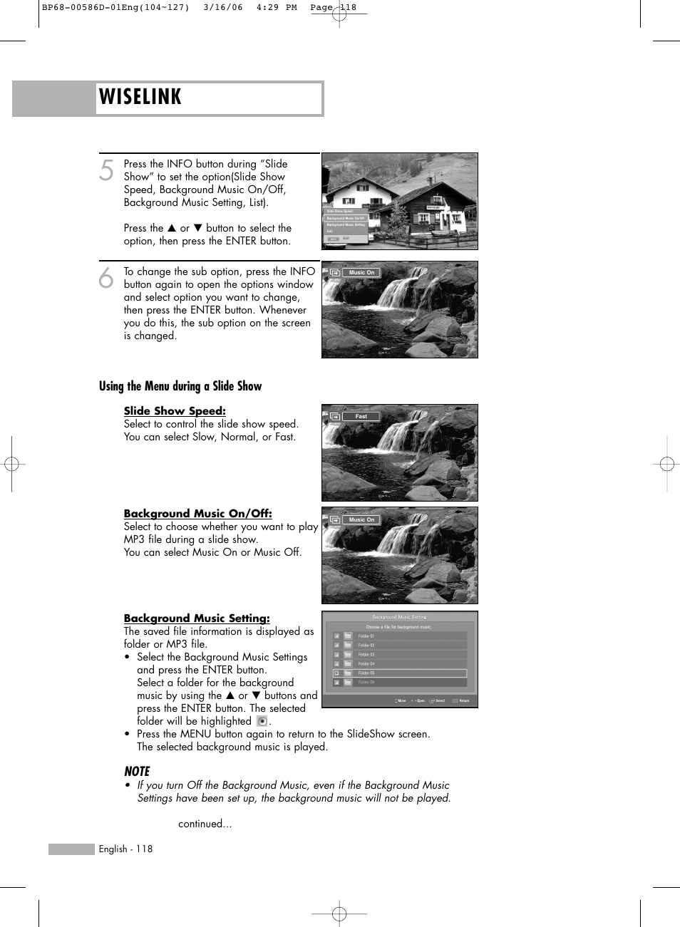 Wiselink, Using the menu during a slide show | Samsung HL-S6166W User Manual | Page 118 / 132